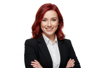 Smiling businesswoman with red hair arms crossed isolated on transparent background