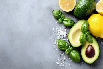 Fresh avocados and lemons with green basil leaves on a textured gray surface