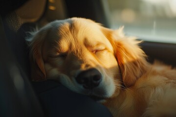 Golden Retriever Sleeping Peacefully in Car
