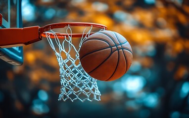 Fototapeta premium Basketball mid air about to go through a net with orange and blue bokeh background hoop