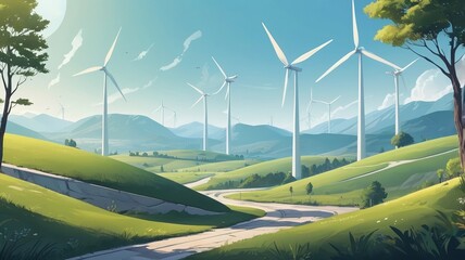 Wind turbines on green hills with a winding road under a blue sky and scattered clouds illustration