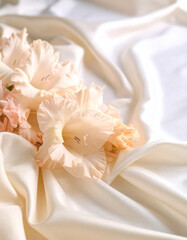 bright gladioluses on a background of delicate fabric