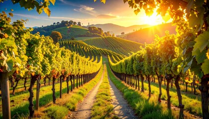 Fototapeta premium abstract illustration of walkway Through Sunlit Vineyard Rows on a Hillside