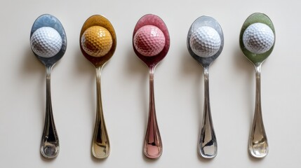 Golf Food. Five Golf Balls with Glossy Spoons on a Home Setting