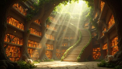 Enchanted Tree Library with Sunbeams and Spiral Staircase