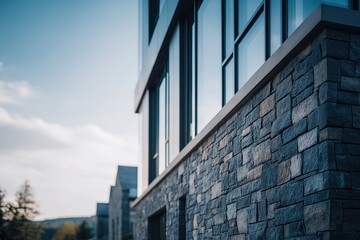 Naklejka premium Modern Stone Facade of Urban Building with Large Windows Under Bright Sky