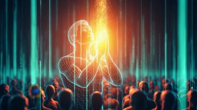 A digital representation of a praying figure surrounded by a crowd of abstract human silhouettes illuminated by vibrant beams of light symbolizing hope and spirituality in a futuristic setting