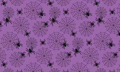 Seamless Halloween pattern with spiderwebs and spiders on a purple background. Ideal for textiles, packaging, and wallpapers. A festive background for Halloween.