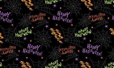 Seamless Halloween pattern with spiderwebs and stars on a black background. Ideal for textiles, packaging, and wallpaper. A festive background for Halloween.