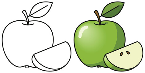 Green Apple with Slice Illustration in Split Black-and-White and Colored Style | Fresh Fruit Design for Healthy Eating and Creative Food Art Projects