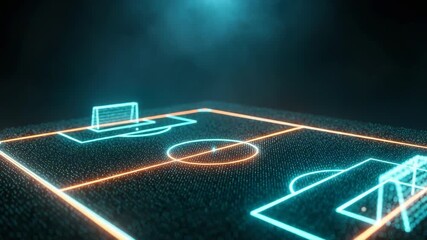 A futuristic digital representation of a soccer field with glowing outlines of goals and a center circle set against a moody background ideal for sports technology themes - Powered by Adobe