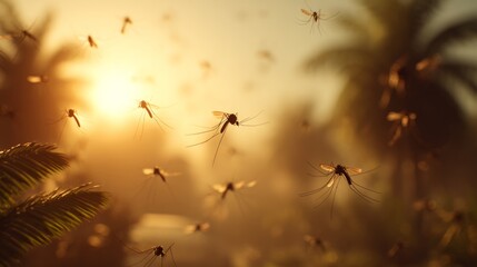 Mosquitoes flying in the warm sunlight with palm trees in the background