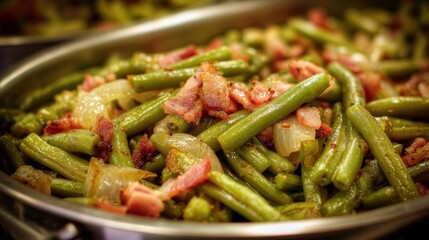 Green Beans Bacon. Country Style Catering Dish with Bacon and Onions