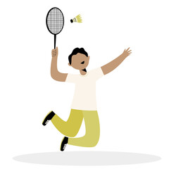 Boy jumping and playing badminton outdoors with racket and shuttlecock vector illustration