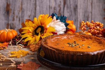 Pumpkin pie topped with pumpkin seeds, on a wooden table, surrounded by autumn leaves and sunflowers