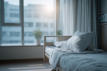 Serene Hospital Bed in Soft Morning Light with Modern Window Views