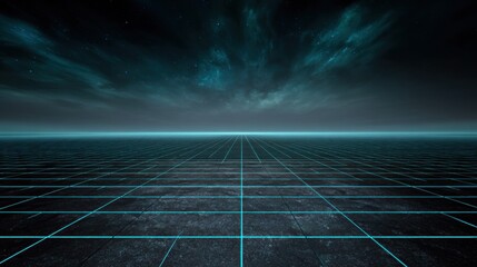 Sci-fi minimal background with infinite icy blue grid floor, teal-black cosmic sky, swirling nebulae, cyan vanishing point, ideal for tech branding, UI design