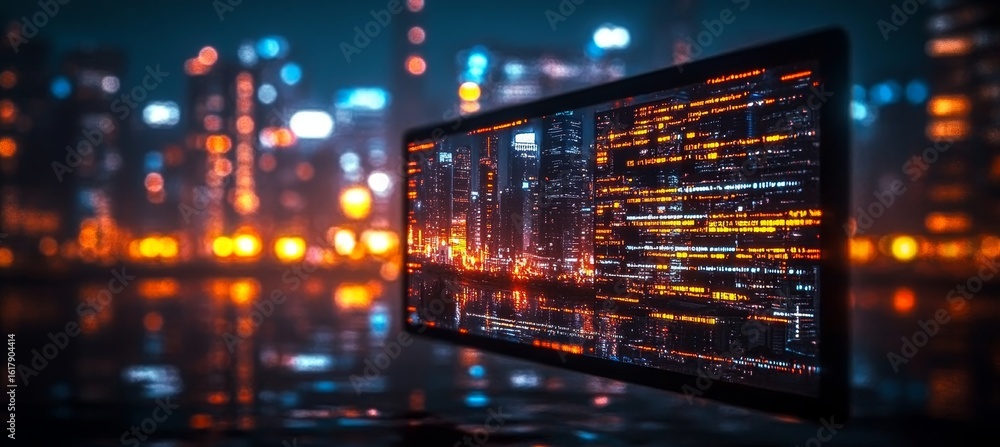 Aufkleber futuristic digital cityscape with neon lights and dynamic data streams technology design.