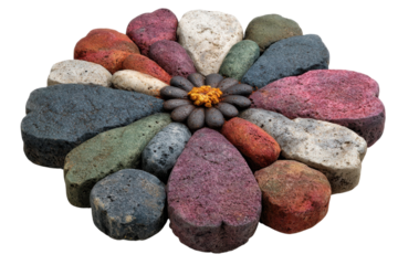 Colorful Rock Flower Arrangement Nature Art Stone Petals Garden Decoration Floral Design on transparent background