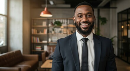 Fototapeta premium Smiling african american businessman in a sharp suit and tie exudes confidence and professionalism in a modern office setting