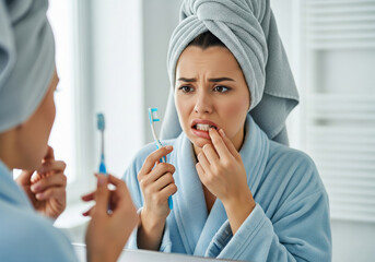 Fototapeta premium Woman with Concerned Expression Examining Gums and Teeth in Mirror