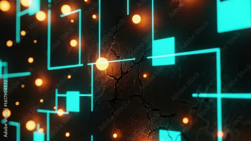 Poster an abstract representation of glowing geometric shapes and lines against a cracked dark wall creatin
