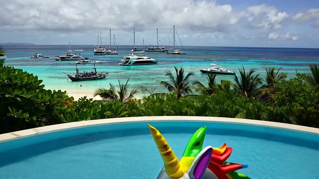 Colorful unicorn float in a serene pool overlooking a vibrant tropical bay with yachts