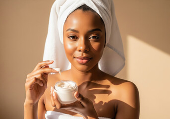 Smiling African American Woman Applying Skincare Cream to Face