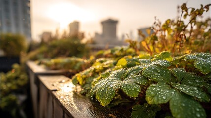 Close up of green leaves with water droplets on a rooftop garden at sunrise view
