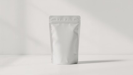 Blank white stand up pouch mockup on a white surface with shadows