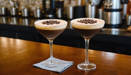 "Two Espresso Martinis with Coffee Bean Garnish on a Bar."