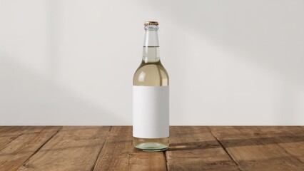 Transparent glass bottle with pale yellow liquid and blank label on wood