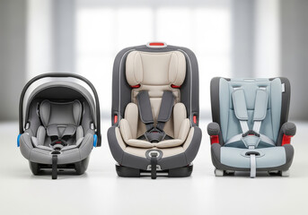 Assortment of baby child and booster car seats for different age groups in a studio setting