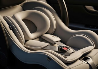 Empty modern rear-facing child car seat with a five-point harness in a car interior