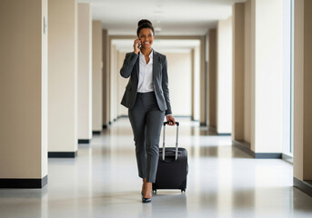 Smiling Businesswoman Talking on Phone While Traveling with Suitcase