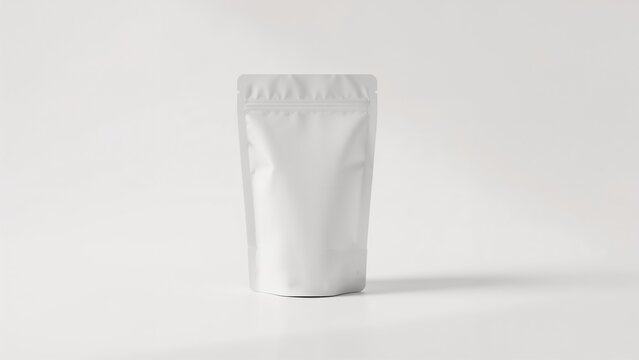 White blank stand up pouch mockup standing on a clean white background