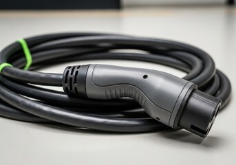 Coiled electric vehicle charging cable with a connector plug lying on the floor in a garage