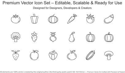 Black and white line art icons of fruits and vegetables
