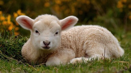 Obraz premium Sheep Lying Down. A Cute Newborn Lamb Resting on the Grass in a Meadow