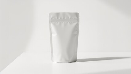 White stand up pouch on a simple white background with natural shadows
