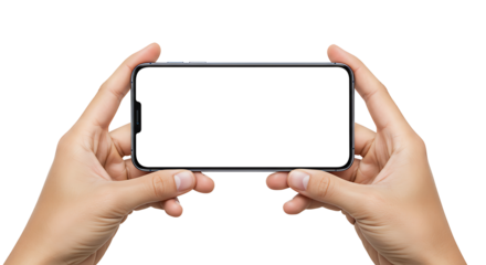 Hands Holding Smartphone Horizontally with Blank White Screen – Gaming or App Mockup on Transparent Background