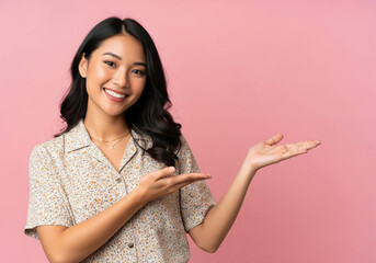 Smiling Young Woman Presenting with Hands on Pink Background