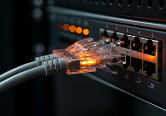 Close up of network cables plugged into a server rack with illuminated ports and indicators