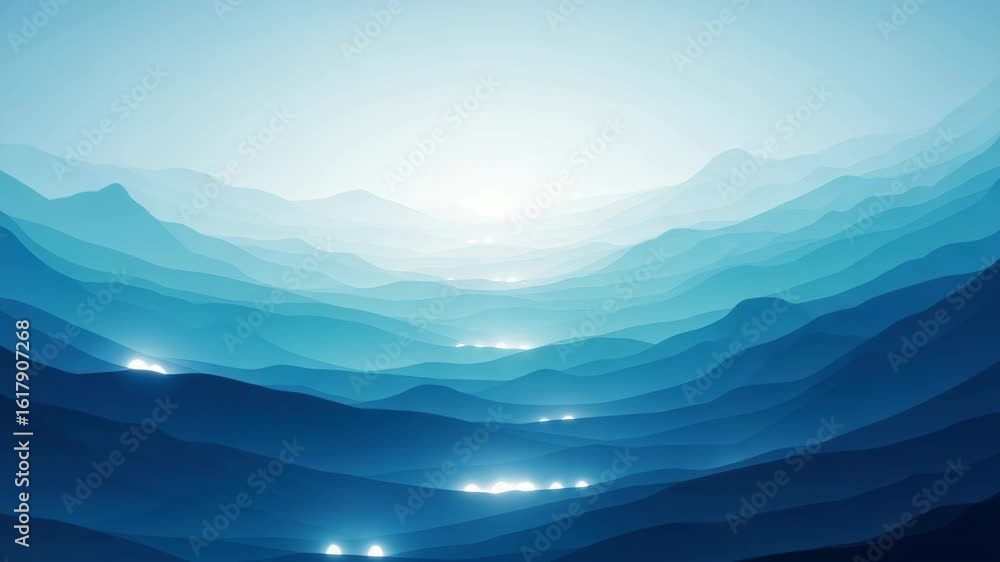 Poster a serene landscape showcasing layered blue mountains under a soft light creating a tranquil atmosphe