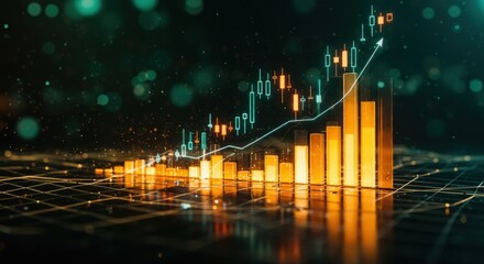 Vibrant financial growth chart illustrating upward trends with glowing bar graphs and a dynamic line graph against a dark bokeh background