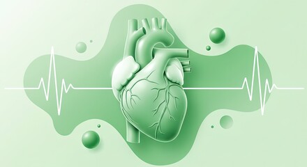 A 3D rendered human heart with a heartbeat EKG line and green spheres