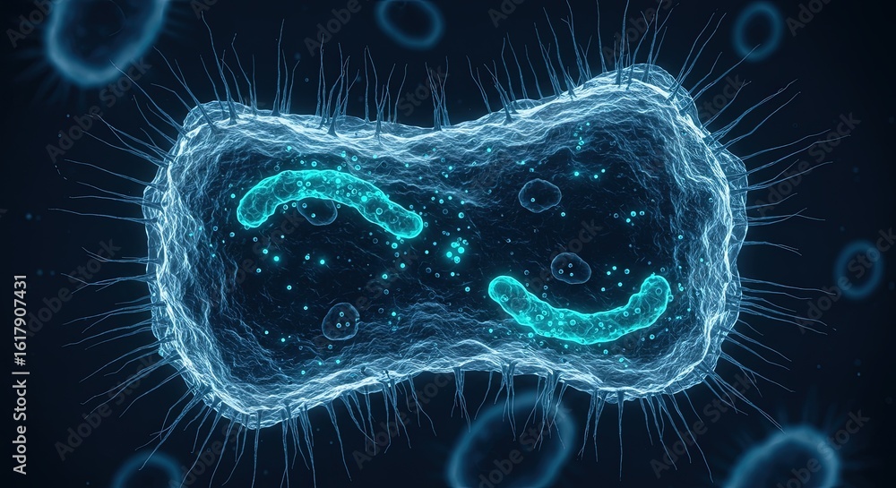 Poster a backlit translucent bacterium with internal structures and numerous flagella