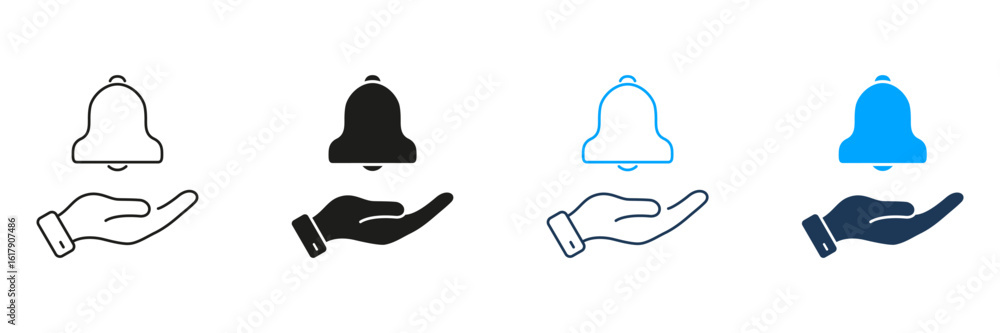 Poster hand holding bell line and solid icon set. notification management and alert handling outline and si