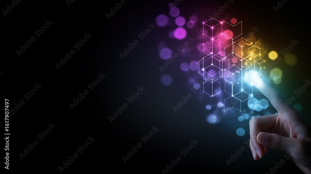 Poster digital interaction with colorful light effects and geometric shapes.