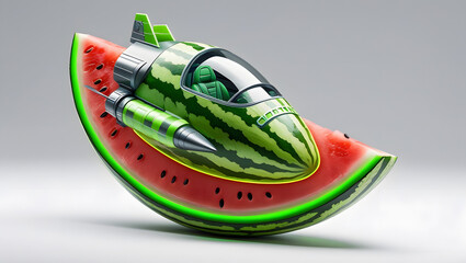3D plastic-style icon of a spaceship-shaped watermelon slice with glowing green edges, seed-shaped transparent cockpit windows, and tiny fins — surreal sci-fi design